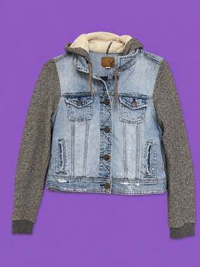 American Eagle Outfitters Distressed Denim Jean Jacket with Grey Knit Hoodie